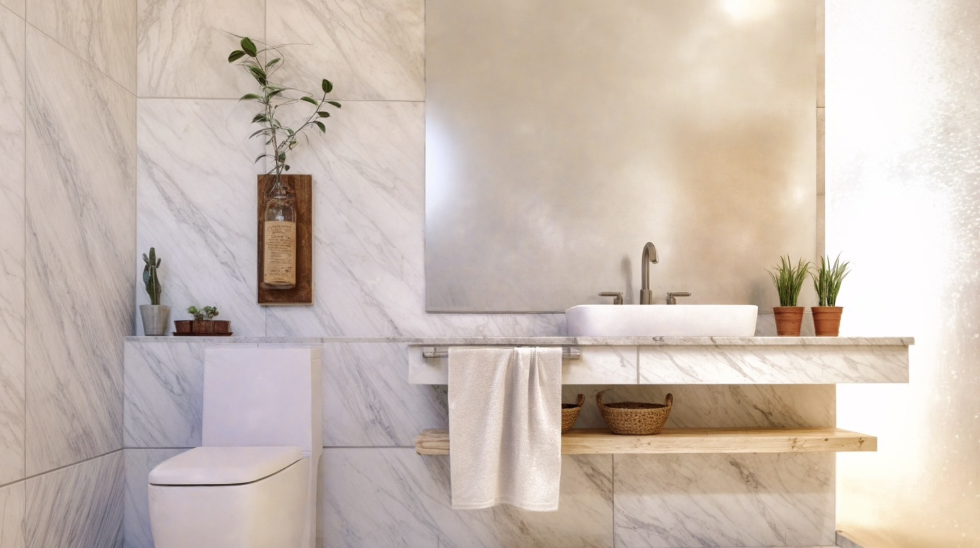 Modern bathroom at Three Trees Samui Resort Lamai with natural stone design and tropical style